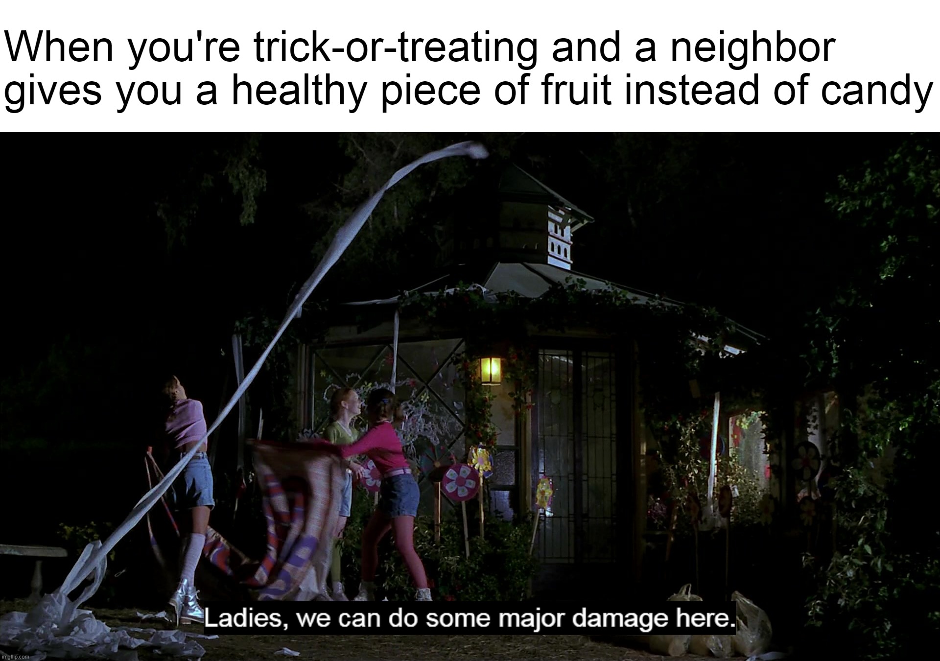 When you're trick-or-treating and a neighbor gives you a healthy piece of fruit instead of candy | image tagged in meme,memes,humor,funny,halloween | made w/ Imgflip meme maker