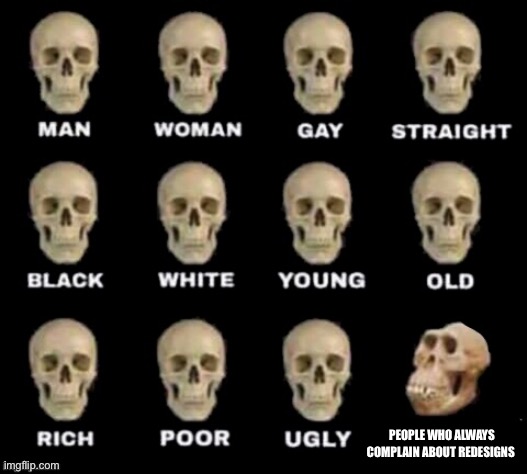 idiot skull | PEOPLE WHO ALWAYS COMPLAIN ABOUT REDESIGNS | image tagged in idiot skull | made w/ Imgflip meme maker