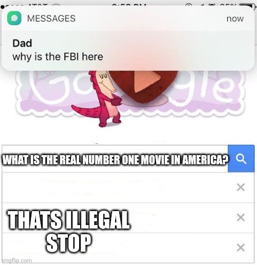 The number 1 movie in America | WHAT IS THE REAL NUMBER ONE MOVIE IN AMERICA? THATS ILLEGAL
STOP | image tagged in why is the fbi here,movie,tv humor | made w/ Imgflip meme maker
