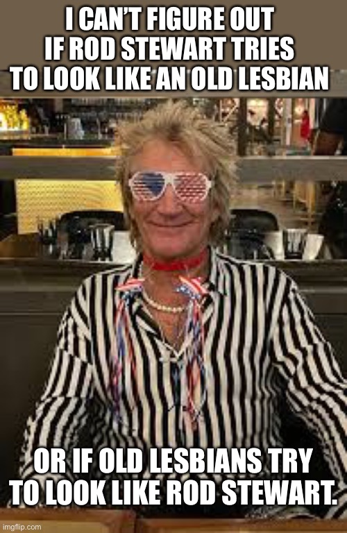 Rod Stewart | I CAN’T FIGURE OUT IF ROD STEWART TRIES TO LOOK LIKE AN OLD LESBIAN; OR IF OLD LESBIANS TRY TO LOOK LIKE ROD STEWART. | image tagged in rock and roll | made w/ Imgflip meme maker