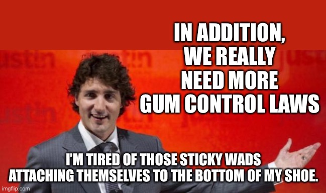 More freedoms will be lost | IN ADDITION, WE REALLY NEED MORE GUM CONTROL LAWS; I’M TIRED OF THOSE STICKY WADS ATTACHING THEMSELVES TO THE BOTTOM OF MY SHOE. | image tagged in really trudeau | made w/ Imgflip meme maker