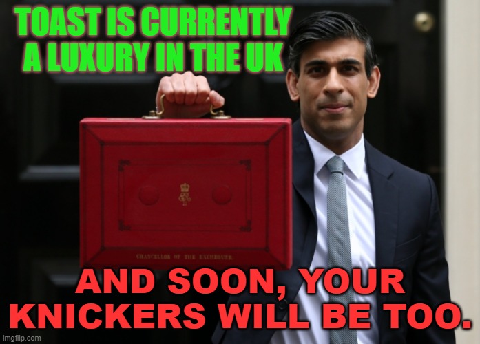 Toast is currently a luxury in the UK; and soon, your knickers will be too. | TOAST IS CURRENTLY A LUXURY IN THE UK; AND SOON, YOUR KNICKERS WILL BE TOO. | image tagged in rishi sunak - briefcase wanker | made w/ Imgflip meme maker