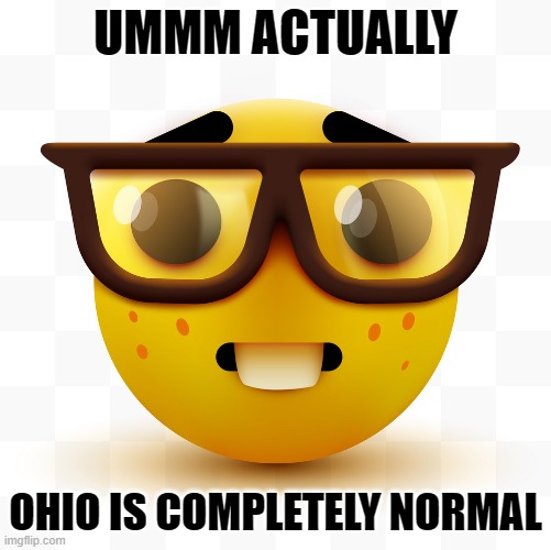 Ohio moment | UMMM ACTUALLY; OHIO IS COMPLETELY NORMAL | image tagged in nerd emoji,nerd,ohio | made w/ Imgflip meme maker