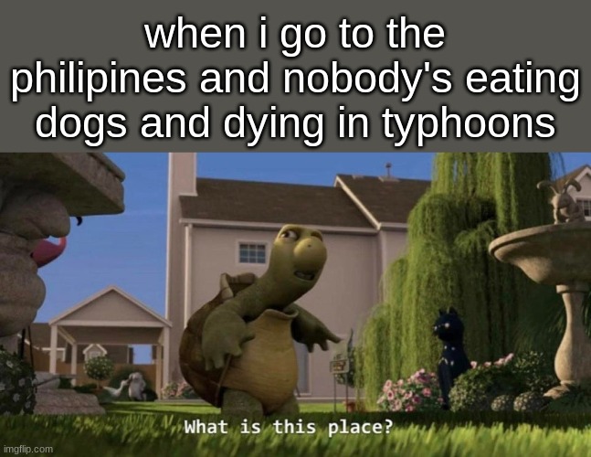 this is a joke | when i go to the philipines and nobody's eating dogs and dying in typhoons | image tagged in what is this place | made w/ Imgflip meme maker
