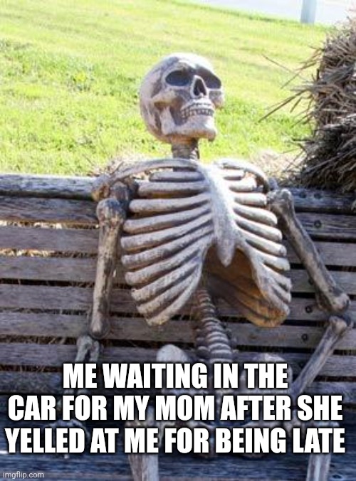 Waiting Skeleton | ME WAITING IN THE CAR FOR MY MOM AFTER SHE YELLED AT ME FOR BEING LATE | image tagged in memes,waiting skeleton | made w/ Imgflip meme maker