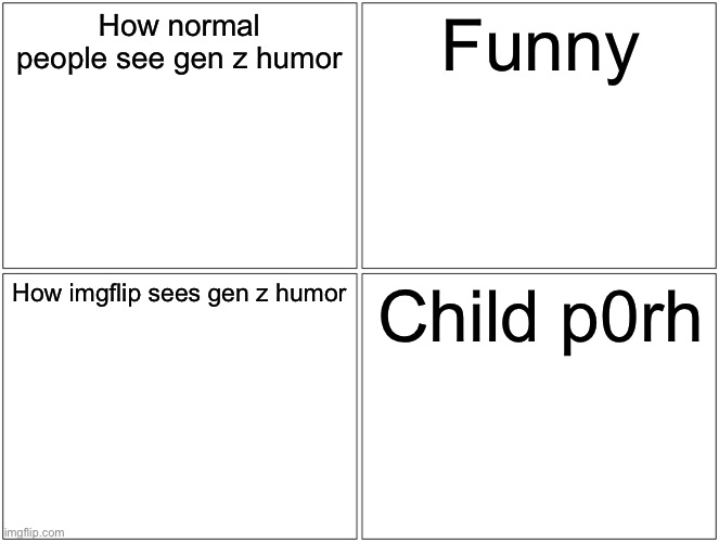 There are even furries that miss jokes like MrJaws on imgflip | How normal people see gen z humor; Funny; How imgflip sees gen z humor; Child p0rh | image tagged in memes,blank comic panel 2x2 | made w/ Imgflip meme maker