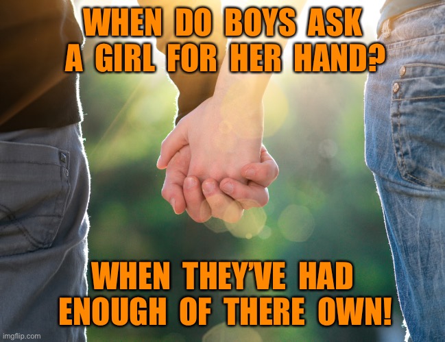 Holding hands | WHEN  DO  BOYS  ASK  A  GIRL  FOR  HER  HAND? WHEN  THEY’VE  HAD  ENOUGH  OF  THERE  OWN! | image tagged in holding hands again,boy asks girl,for hand,enough of own,dark humour | made w/ Imgflip meme maker