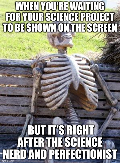 The worst feeling bro | WHEN YOU'RE WAITING FOR YOUR SCIENCE PROJECT TO BE SHOWN ON THE SCREEN; BUT IT'S RIGHT AFTER THE SCIENCE NERD AND PERFECTIONIST | image tagged in memes,waiting skeleton | made w/ Imgflip meme maker