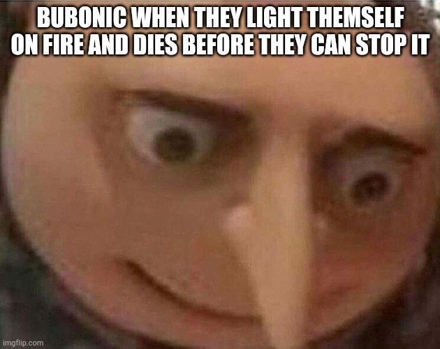 idk | BUBONIC WHEN THEY LIGHT THEMSELF ON FIRE AND DIES BEFORE THEY CAN STOP IT | image tagged in gru meme | made w/ Imgflip meme maker