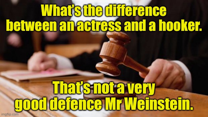 Actress and Hooker | What’s the difference between an actress and a hooker. That’s not a very good defence Mr Weinstein. | image tagged in judge rules _____,actress and hooker,not a defence,mr weinstein,dark humour | made w/ Imgflip meme maker