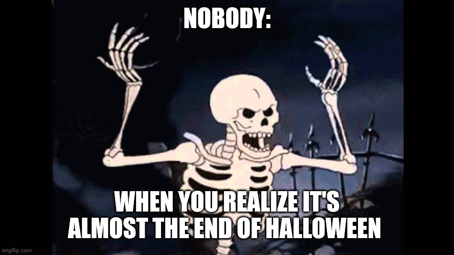 For the stream | NOBODY:; WHEN YOU REALIZE IT'S ALMOST THE END OF HALLOWEEN | image tagged in spooky skeleton | made w/ Imgflip meme maker