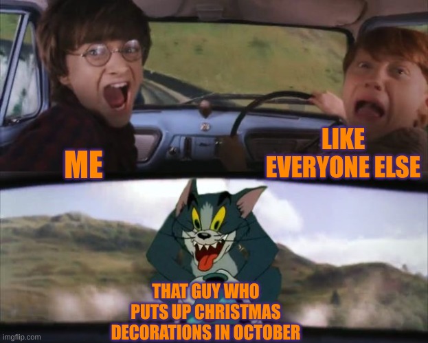Tom chasing Harry and Ron Weasly | ME LIKE EVERYONE ELSE THAT GUY WHO PUTS UP CHRISTMAS DECORATIONS IN OCTOBER | image tagged in tom chasing harry and ron weasly | made w/ Imgflip meme maker