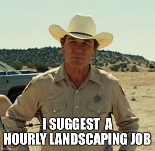 Tommy Lee Jones, No Country.. | I SUGGEST  A HOURLY LANDSCAPING JOB | image tagged in tommy lee jones no country | made w/ Imgflip meme maker