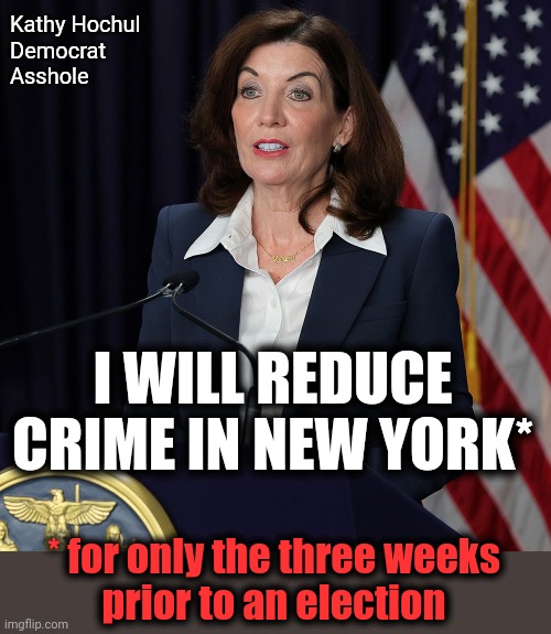 Kathy Hochul
Democrat
Asshole; I WILL REDUCE CRIME IN NEW YORK*; * for only the three weeks
prior to an election | image tagged in memes,new york,kathy hochul,crime,democrats,bail reform | made w/ Imgflip meme maker