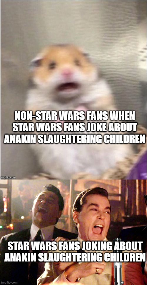 Youngling slayer 9000 | NON-STAR WARS FANS WHEN STAR WARS FANS JOKE ABOUT ANAKIN SLAUGHTERING CHILDREN; STAR WARS FANS JOKING ABOUT ANAKIN SLAUGHTERING CHILDREN | image tagged in scared hamster,memes,good fellas hilarious,star wars,star wars prequels | made w/ Imgflip meme maker