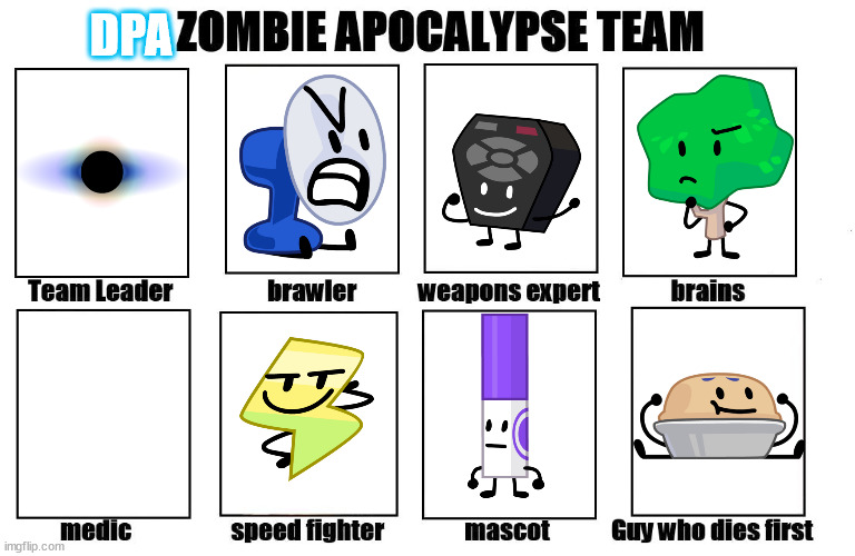 TPOT Zombie Apocalypse Team: Death P.A.C.T. Again |  DPA | image tagged in my zombie apocalypse team,bfb | made w/ Imgflip meme maker