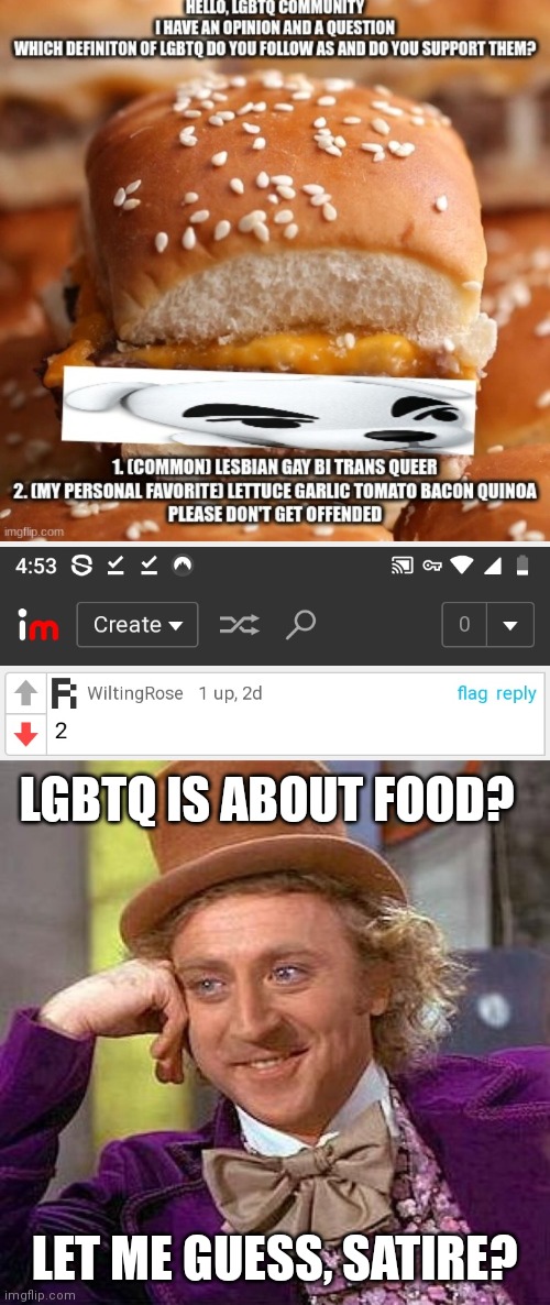 LGBTQ is a food meme now... | LGBTQ IS ABOUT FOOD? LET ME GUESS, SATIRE? | image tagged in memes,creepy condescending wonka | made w/ Imgflip meme maker