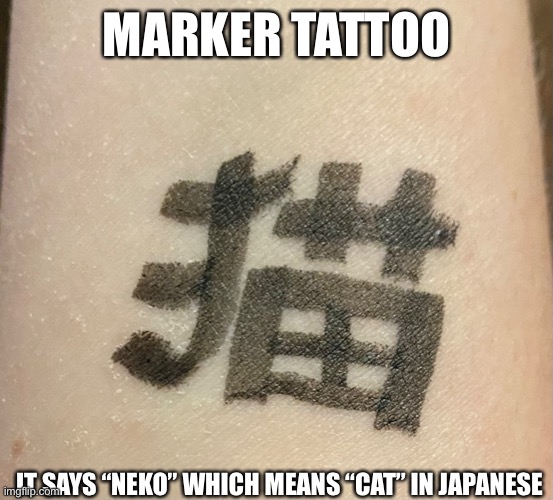 MARKER TATTOO; IT SAYS “NEKO” WHICH MEANS “CAT” IN JAPANESE | made w/ Imgflip meme maker