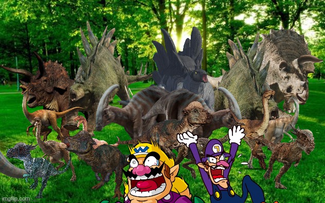 Wario and Waluigi dies in a dinosaur stampede.mp3 | image tagged in wario dies,wario,waluigi,jurassic park,jurassic world,dinosaur | made w/ Imgflip meme maker