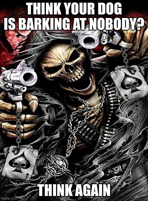 Im in your walls | THINK YOUR DOG IS BARKING AT NOBODY? THINK AGAIN | image tagged in badass skeleton with guns | made w/ Imgflip meme maker