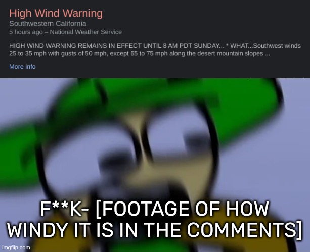 F**K- [FOOTAGE OF HOW WINDY IT IS IN THE COMMENTS] | image tagged in bandu but scared af,idk,stuff,s o u p,carck | made w/ Imgflip meme maker