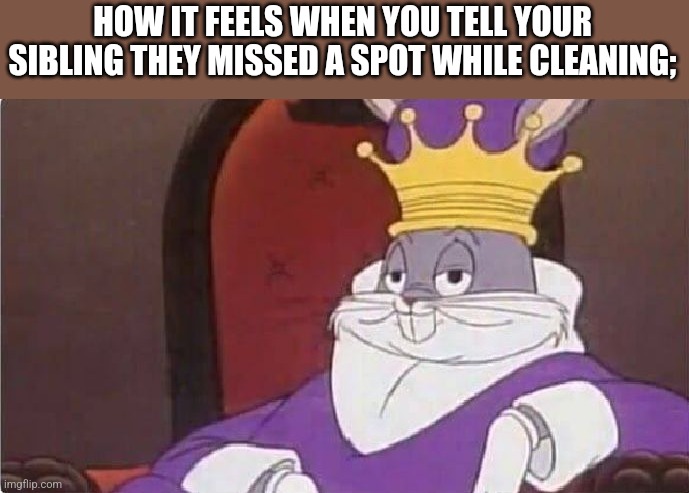 Bugs Bunny King | HOW IT FEELS WHEN YOU TELL YOUR SIBLING THEY MISSED A SPOT WHILE CLEANING; | image tagged in bugs bunny king | made w/ Imgflip meme maker