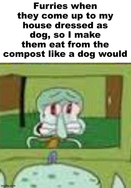 sad squidward | Furries when they come up to my house dressed as dog, so I make them eat from the compost like a dog would | image tagged in sad squidward | made w/ Imgflip meme maker