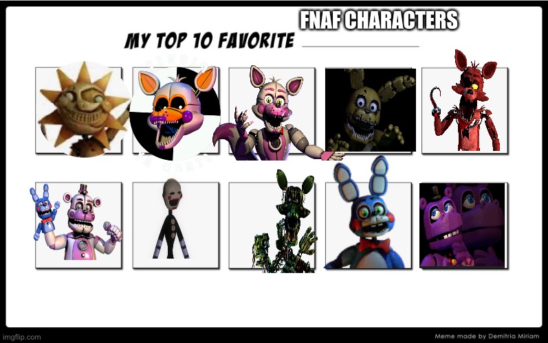 My top 10 | FNAF CHARACTERS | image tagged in my top 10 | made w/ Imgflip meme maker