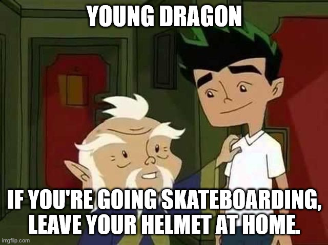 Giving advice | YOUNG DRAGON; IF YOU'RE GOING SKATEBOARDING, LEAVE YOUR HELMET AT HOME. | image tagged in giving advice | made w/ Imgflip meme maker