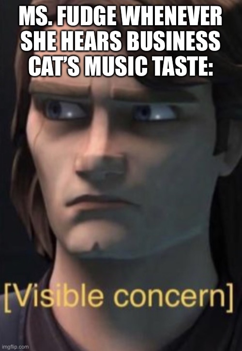 Ms. Fudge doesn’t like fnaf music apparently | MS. FUDGE WHENEVER SHE HEARS BUSINESS CAT’S MUSIC TASTE: | image tagged in anakin visible concern | made w/ Imgflip meme maker