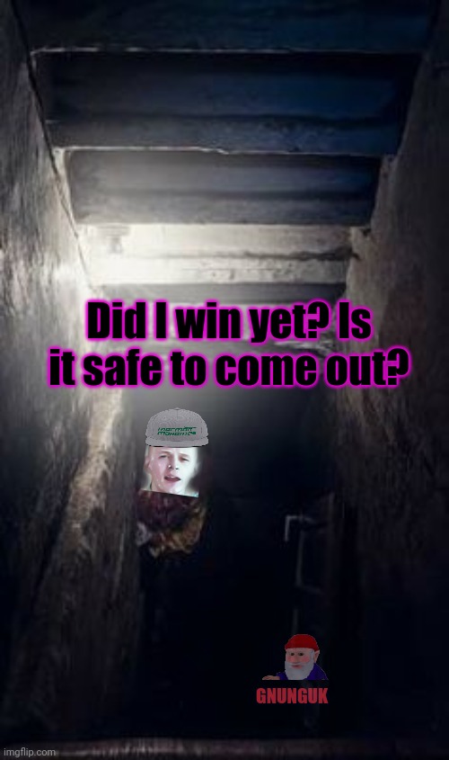 Basement Clown | Did I win yet? Is it safe to come out? GNUNGUK | image tagged in basement clown | made w/ Imgflip meme maker