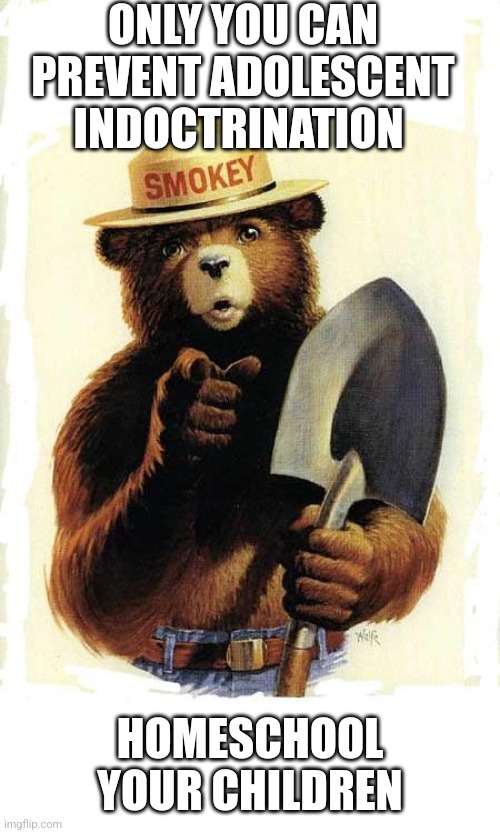 Smokey The Bear | ONLY YOU CAN PREVENT ADOLESCENT INDOCTRINATION; HOMESCHOOL YOUR CHILDREN | image tagged in smokey the bear | made w/ Imgflip meme maker