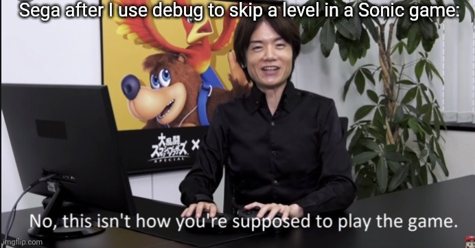 No that’s not how your supposed to play the game | Sega after I use debug to skip a level in a Sonic game: | image tagged in no that s not how your supposed to play the game | made w/ Imgflip meme maker
