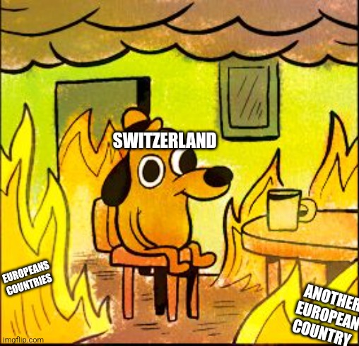 This is fine | EUROPEANS COUNTRIES SWITZERLAND ANOTHER EUROPEAN COUNTRY | image tagged in this is fine | made w/ Imgflip meme maker
