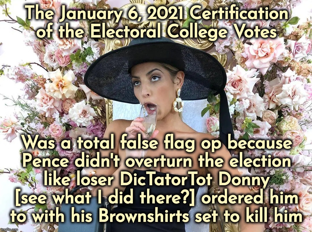 Jade Tunchy on the Jan 6 false flag flip flops sop | The January 6, 2021 Certification of the Electoral College Votes Was a total false flag op because
Pence didn't overturn the election
like l | image tagged in jade tunchy,jan 6 was a false flag op because feelz,dictatortot donald drumpf,trump lost,get over it,mensa maga | made w/ Imgflip meme maker
