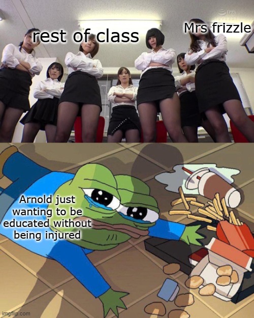 Please can we go on a normal field tri- | Mrs frizzle; rest of class; Arnold just wanting to be educated without being injured | image tagged in pepe falls | made w/ Imgflip meme maker