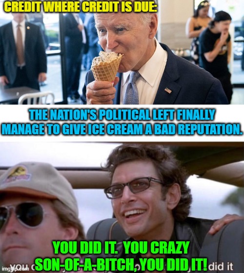 Just think . . . ice cream will now be linked to dementia and incompetence. | CREDIT WHERE CREDIT IS DUE:; THE NATION'S POLITICAL LEFT FINALLY MANAGE TO GIVE ICE CREAM A BAD REPUTATION. YOU DID IT.  YOU CRAZY SON-OF-A-BITCH, YOU DID IT! | image tagged in sad | made w/ Imgflip meme maker