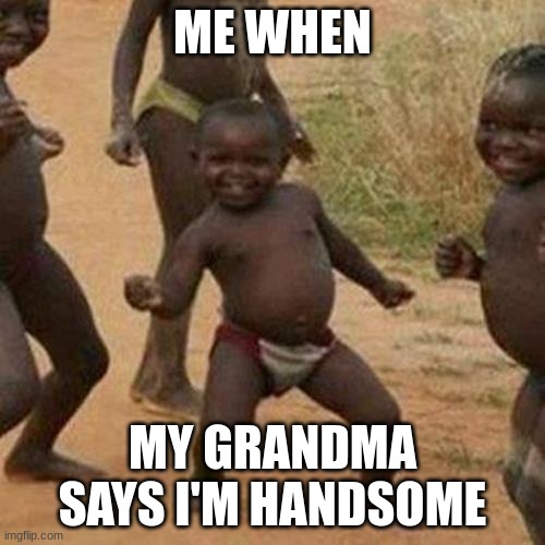I'm Handsome | ME WHEN; MY GRANDMA SAYS I'M HANDSOME | image tagged in memes,third world success kid | made w/ Imgflip meme maker
