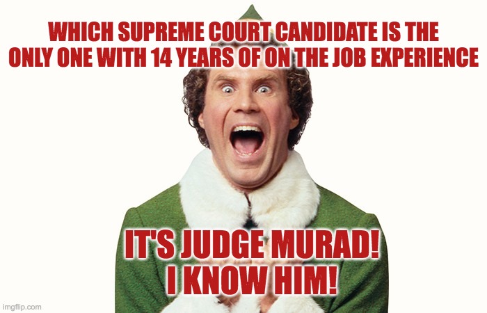 Buddy the elf excited | WHICH SUPREME COURT CANDIDATE IS THE ONLY ONE WITH 14 YEARS OF ON THE JOB EXPERIENCE; IT'S JUDGE MURAD!
I KNOW HIM! | image tagged in buddy the elf excited | made w/ Imgflip meme maker