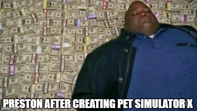 p2w | PRESTON AFTER CREATING PET SIMULATOR X | image tagged in huell money,psx | made w/ Imgflip meme maker