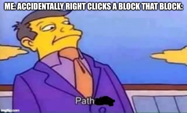 skinner pathetic | ME: ACCIDENTALLY RIGHT CLICKS A BLOCK THAT BLOCK: | image tagged in path meme | made w/ Imgflip meme maker