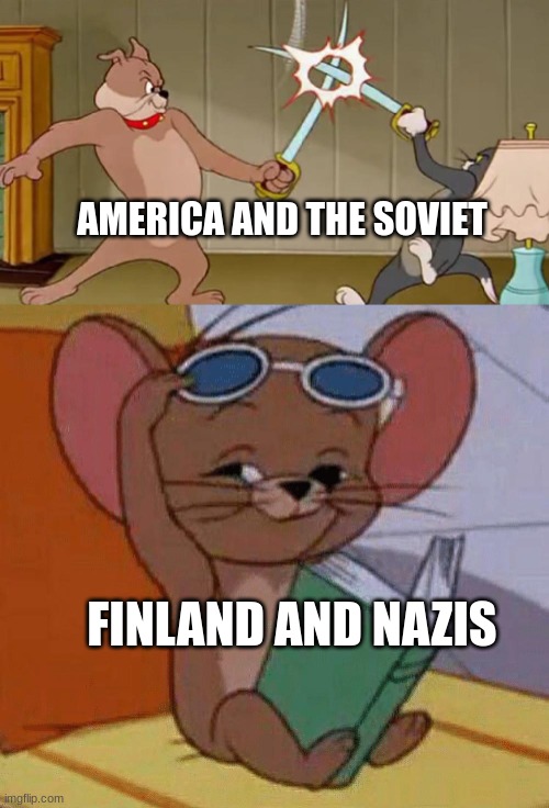Tom and Jerry Swordfight | AMERICA AND THE SOVIET; FINLAND AND NAZIS | image tagged in tom and jerry swordfight | made w/ Imgflip meme maker