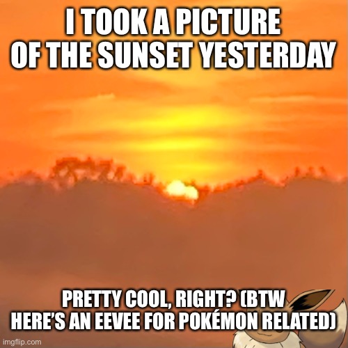 I actually did | I TOOK A PICTURE OF THE SUNSET YESTERDAY; PRETTY COOL, RIGHT? (BTW HERE’S AN EEVEE FOR POKÉMON RELATED) | image tagged in yes,what | made w/ Imgflip meme maker