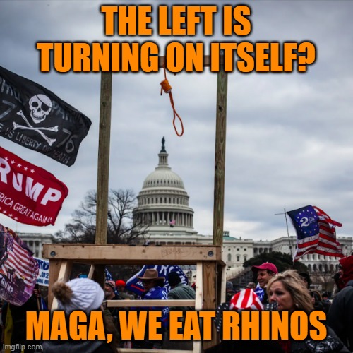 capitol riot insurrection coup Mike Pence gallows noose hanging | THE LEFT IS TURNING ON ITSELF? MAGA, WE EAT RHINOS | image tagged in capitol riot insurrection coup mike pence gallows noose hanging | made w/ Imgflip meme maker