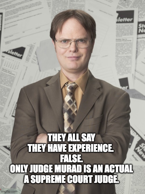 Dwight Schrute 2 Meme | THEY ALL SAY THEY HAVE EXPERIENCE. 
FALSE.
ONLY JUDGE MURAD IS AN ACTUAL A SUPREME COURT JUDGE. | image tagged in memes,dwight schrute 2 | made w/ Imgflip meme maker