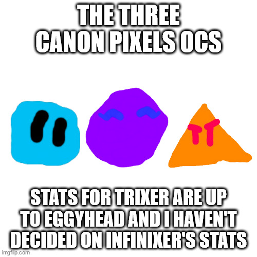 Blank Transparent Square | THE THREE CANON PIXELS OCS; STATS FOR TRIXER ARE UP TO EGGYHEAD AND I HAVEN'T DECIDED ON INFINIXER'S STATS | image tagged in memes,blank transparent square | made w/ Imgflip meme maker