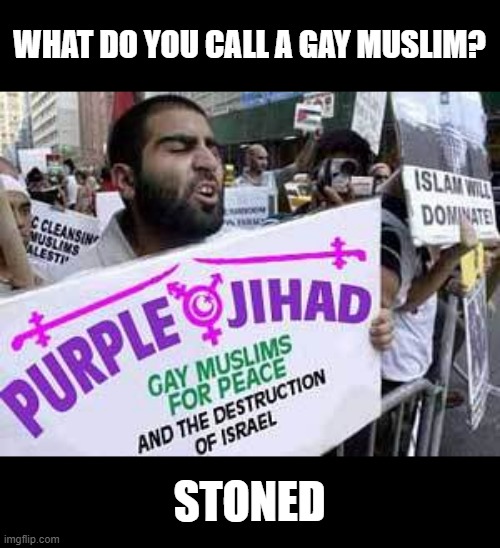 Unalive | WHAT DO YOU CALL A GAY MUSLIM? STONED | image tagged in gay muslim | made w/ Imgflip meme maker