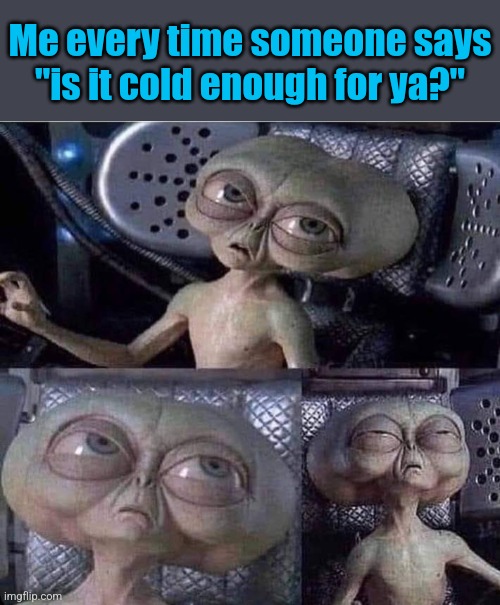 Yes, it is | Me every time someone says "is it cold enough for ya?" | image tagged in alien,eyeroll,men in black,cold weather,funny memes | made w/ Imgflip meme maker