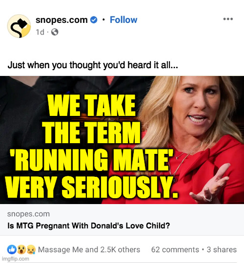 No sense of serious credibility was harmed in making this meme. | Just when you thought you'd heard it all... WE TAKE THE TERM 'RUNNING MATE' VERY SERIOUSLY. Is MTG Pregnant With Donald's Love Child? | image tagged in memes,snopes,trump,mtg,anti-abortion problems,scary movie | made w/ Imgflip meme maker