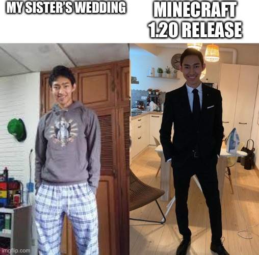 Ready for 1.20? | MY SISTER’S WEDDING; MINECRAFT 1.20 RELEASE | image tagged in fernanfloo dresses up,memes,minecraft memes,minecraft,funny,update | made w/ Imgflip meme maker
